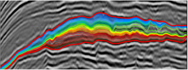Seismic section with dense auto-tracked HorizonCube stratigraphic horizons