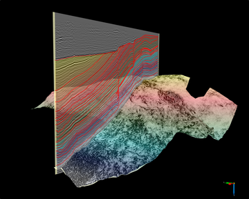 3D perspective visualization combining a seismic section with a color-blended horizon surface
