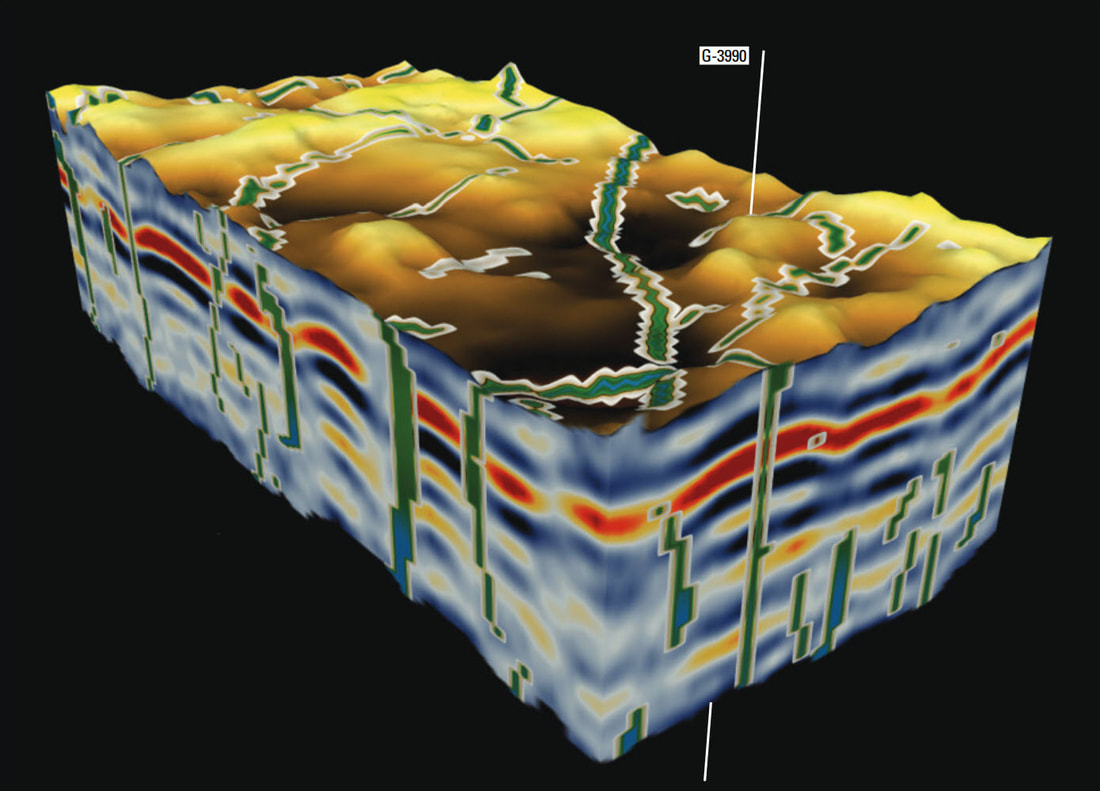 3D seismic cube with horizon surface and fault networks, South Miami Heights survey